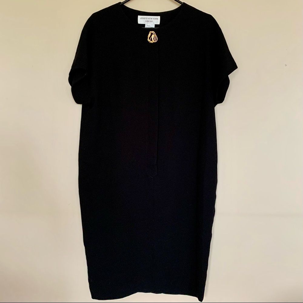 Vintage Black Short Sleeve Jones New York Dress with Abstract Gold Accents